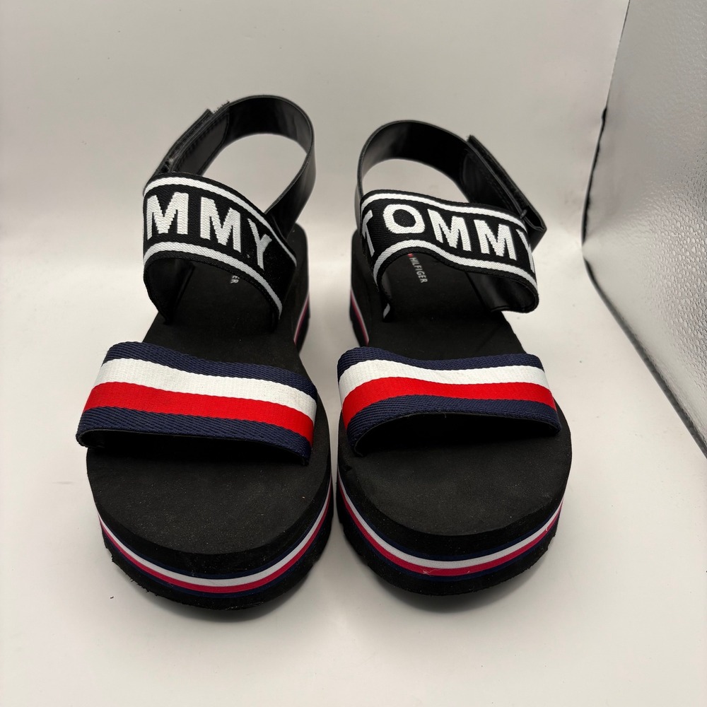 Tommy Hilfiger Womens Platform Sandals Black Red White Blue Logo Strappy 10.25in